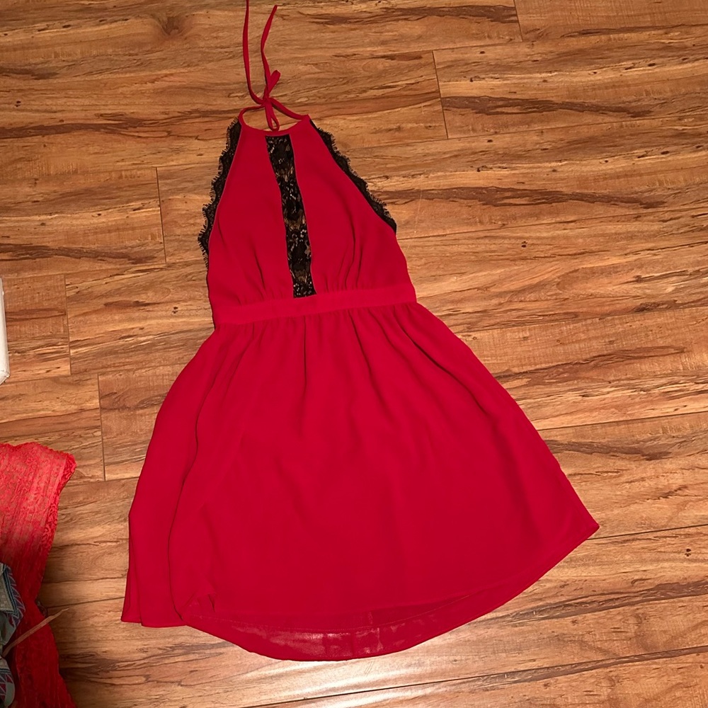 Red Halter Dress with Black Lace Trim